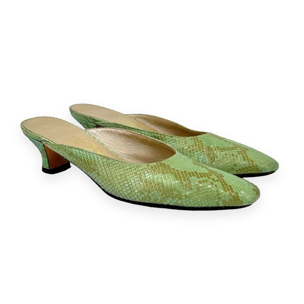 Ferragamo Green Snakeskin Kitten Heel Square Toe Leather Mules sz 8